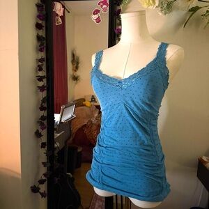 2000s blue polka dot lace tank